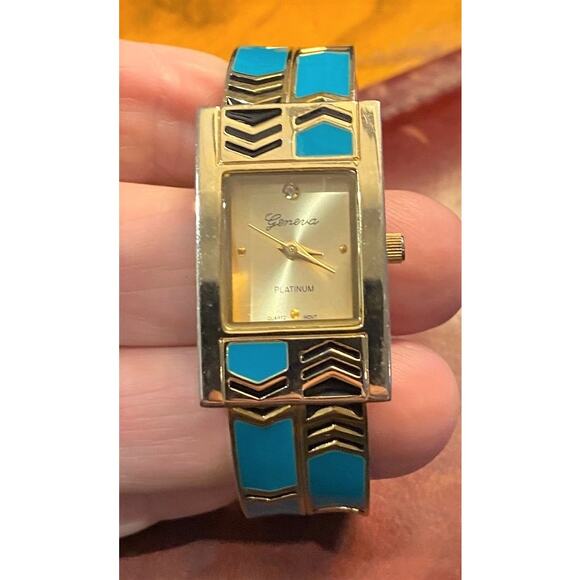 Women's 20mm Gold Tone Geneva Platinum Watch, Black and Green Accents - Picture 3 of 3